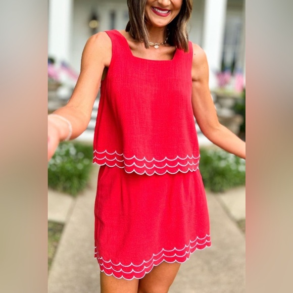 SSYS The Elaine Scallop Ric Rac Linen Skort Set In Red - Picture 2 of 10